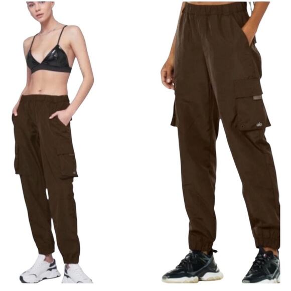 Alo Yoga Pants - ALO Yoga Brown Cargo Jogger Pants S Crinkle Nylon Drawstring Lightweight Style